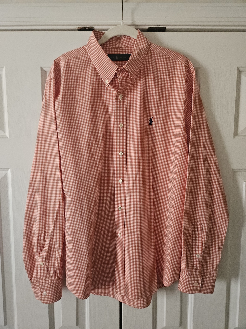 Ralph Lauren Mens XL Shirt Orange White Gingham Check Button Down Long Sleeve.